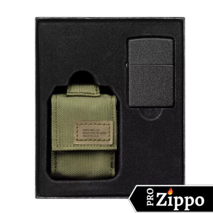 Набор ZIPPO: чёрная зажигалка Black Crackle® и зелёный нейлоновый чехол, в подарочной коробке